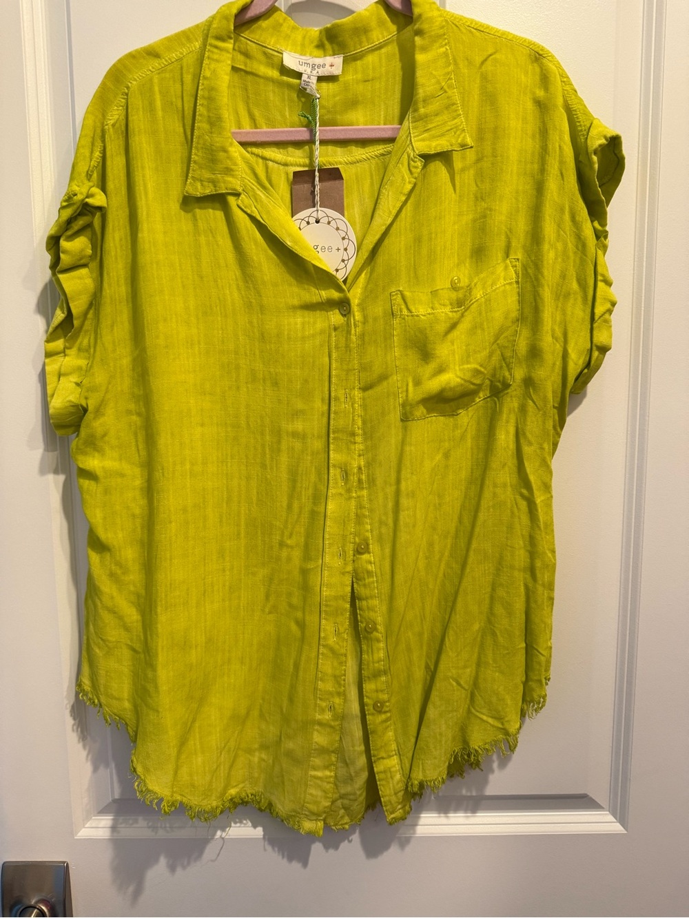 Umgee Neon Lime Button-Front Short Sleeve Shirt